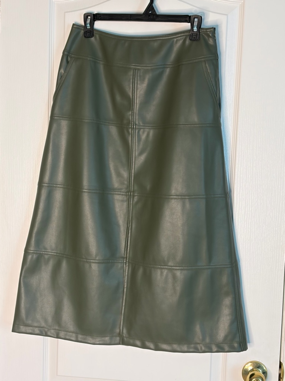CAbi Olive Faux Leather High-Waist Midi Kick It Skirt - Picture 6 of 12